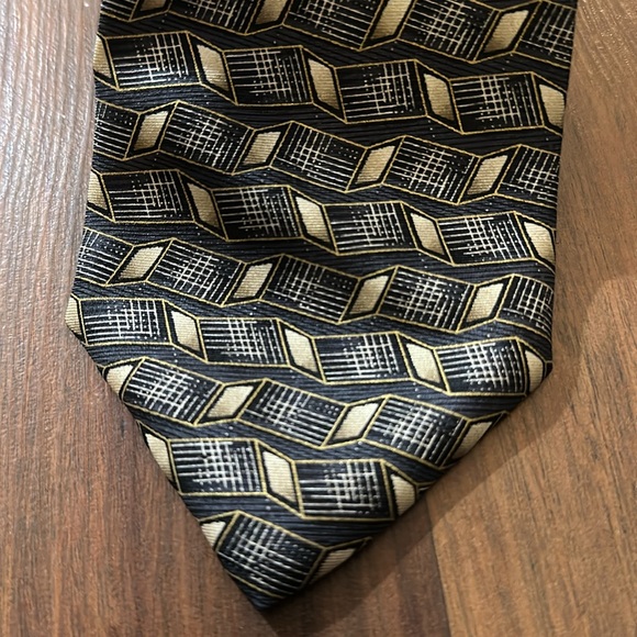 VTG Deansgate Geo Print Art Deco Mens Neck Tie, Formal, 100% Silk, Gray Tan - Picture 2 of 9